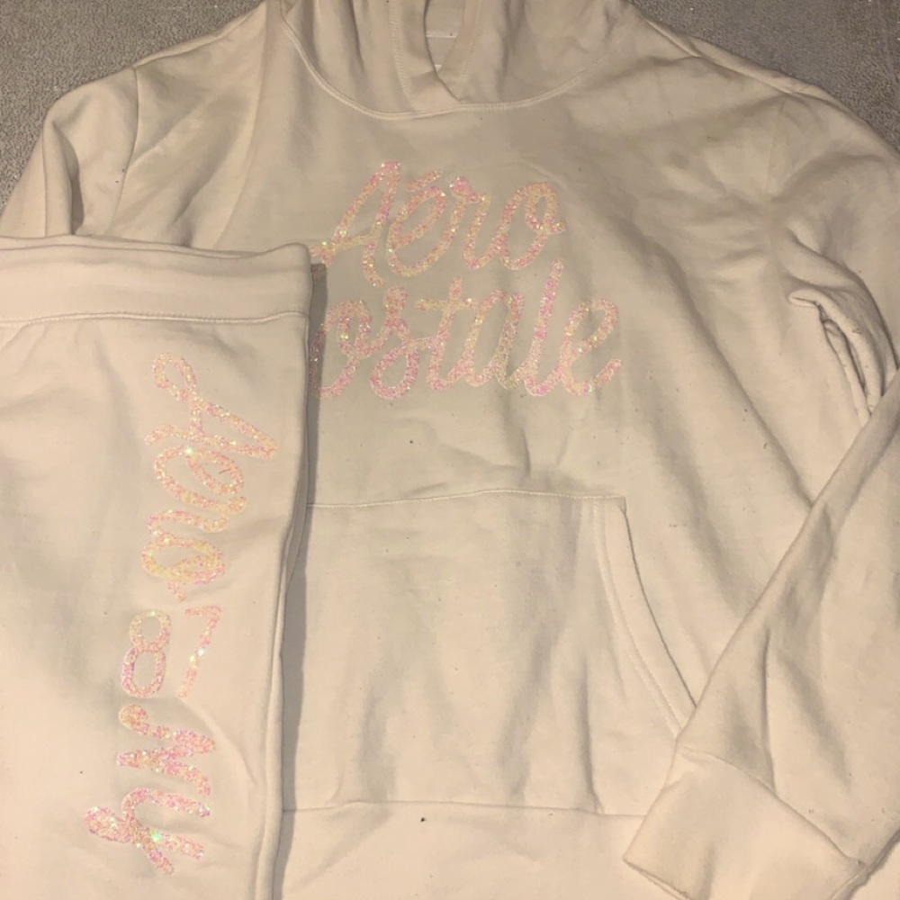 Aeropostale women’s off white pink glitter hoody pants set